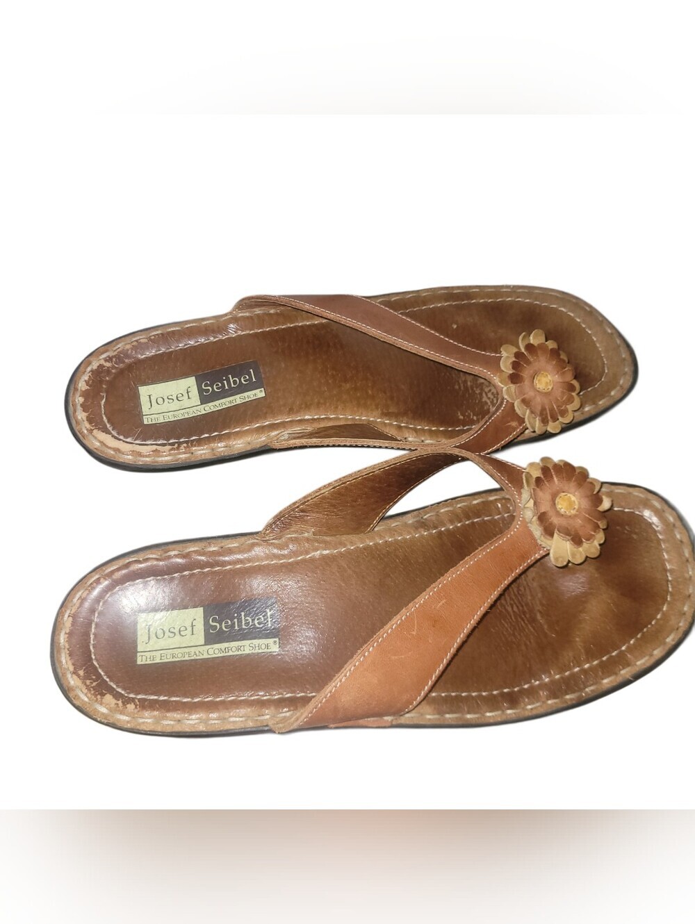 Josef Seibel Women's Brown Leather Floral Thong Sandals Size 39